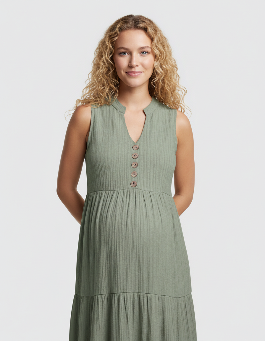 Bump Society – The Comfort Collection: Button-Front Detail Tiered Maternity Midi Dress-Bump Society