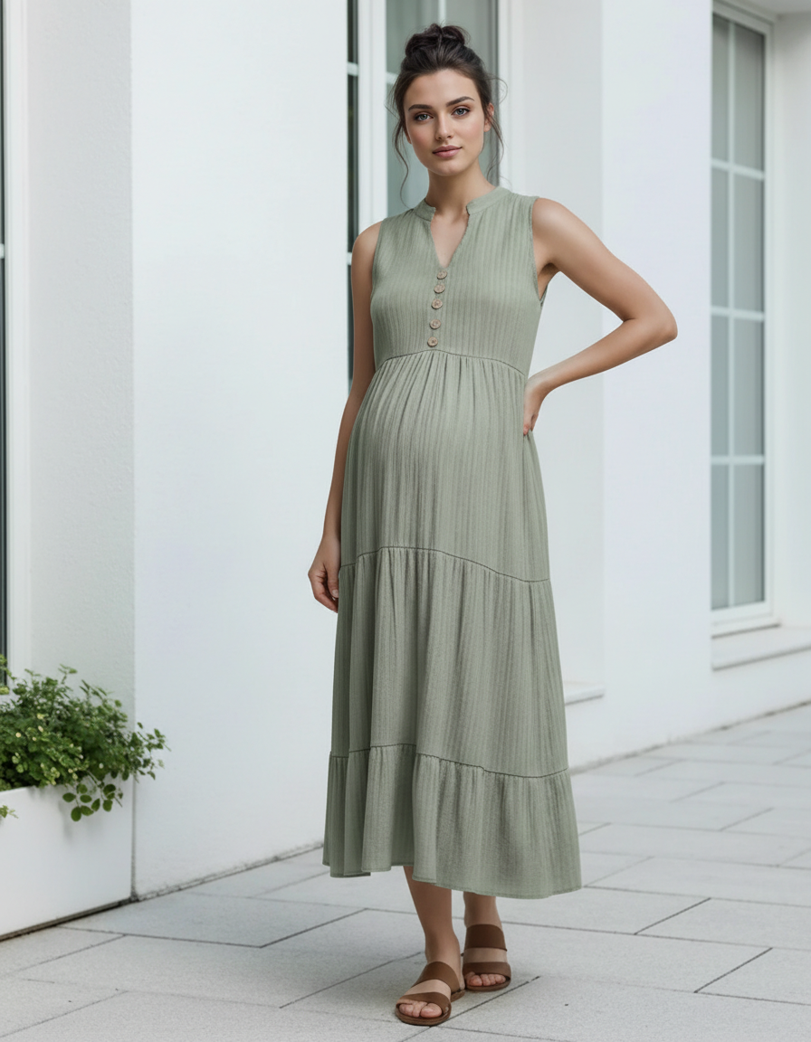 Bump Society – The Comfort Collection: Button-Front Detail Tiered Maternity Midi Dress-Bump Society
