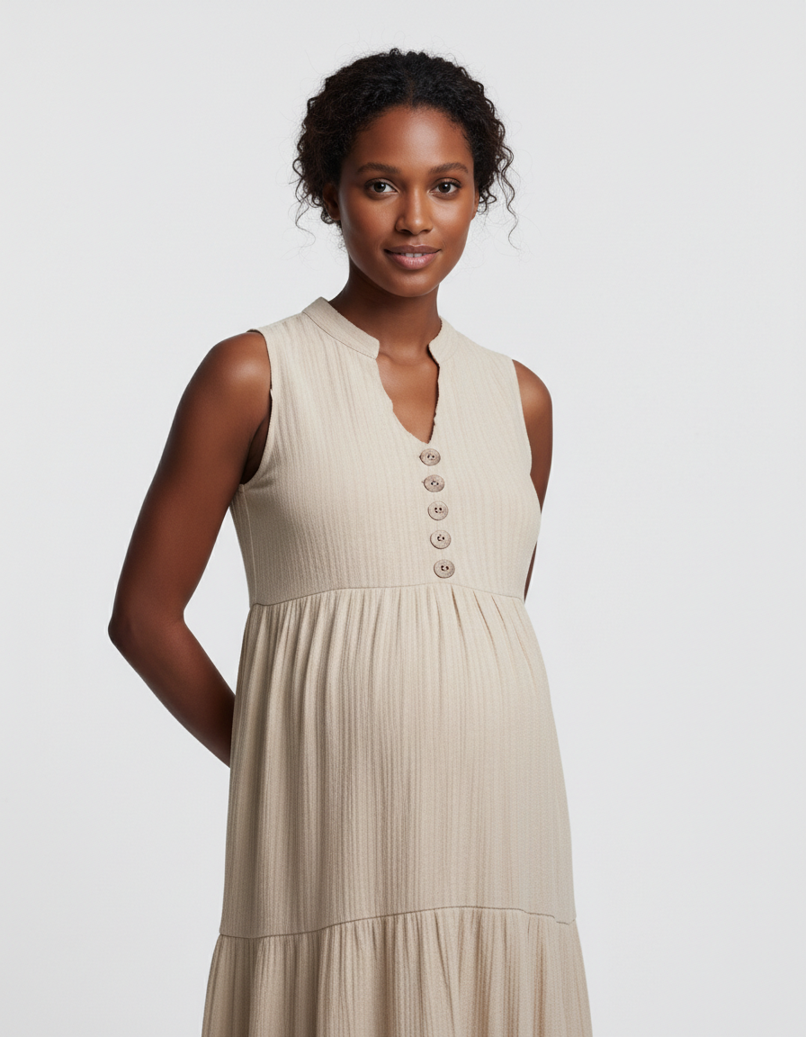 Bump Society – The Comfort Collection: Button-Front Detail Tiered Maternity Midi Dress-Bump Society