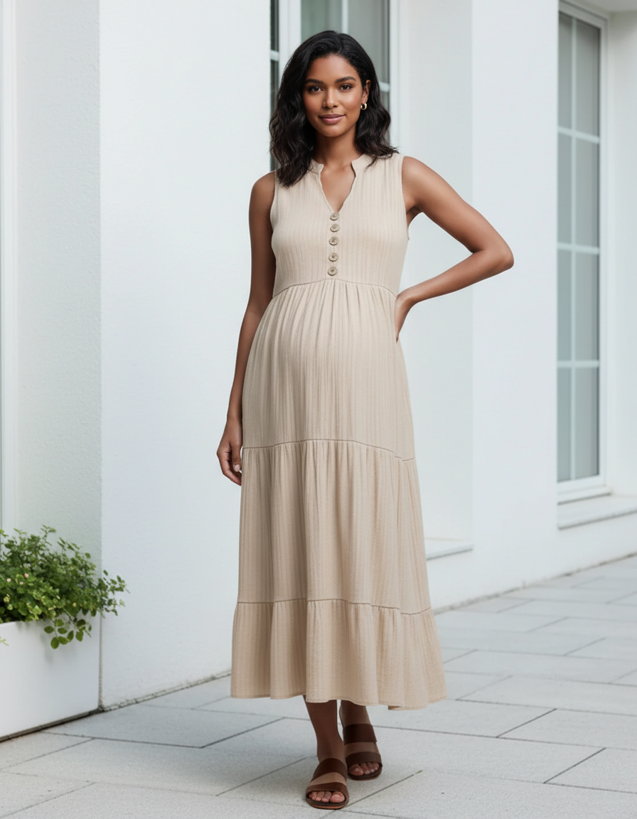 Bump Society – The Comfort Collection: Button-Front Detail Tiered Maternity Midi Dress-Bump Society
