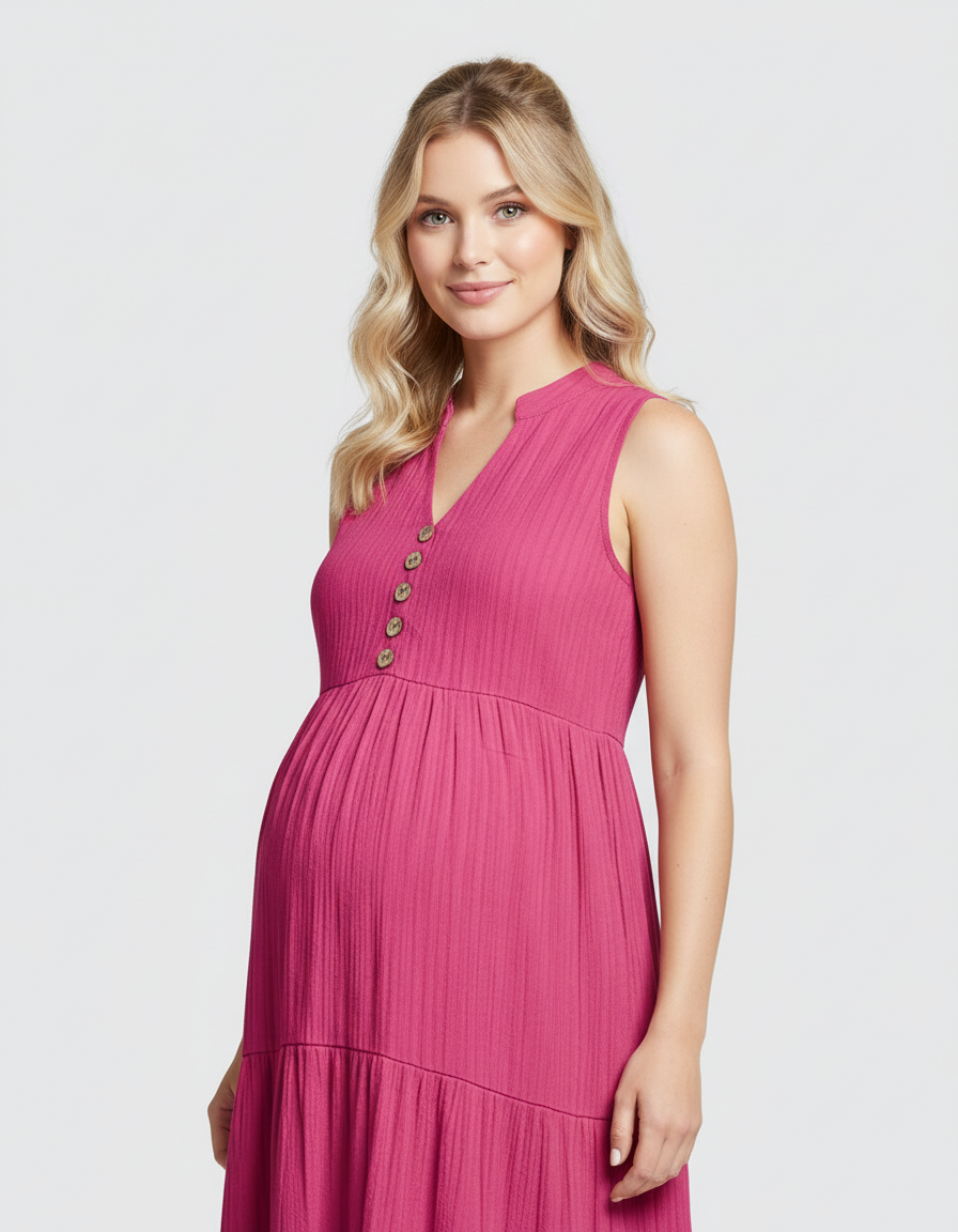 Bump Society – The Comfort Collection: Button-Front Detail Tiered Maternity Midi Dress-Bump Society