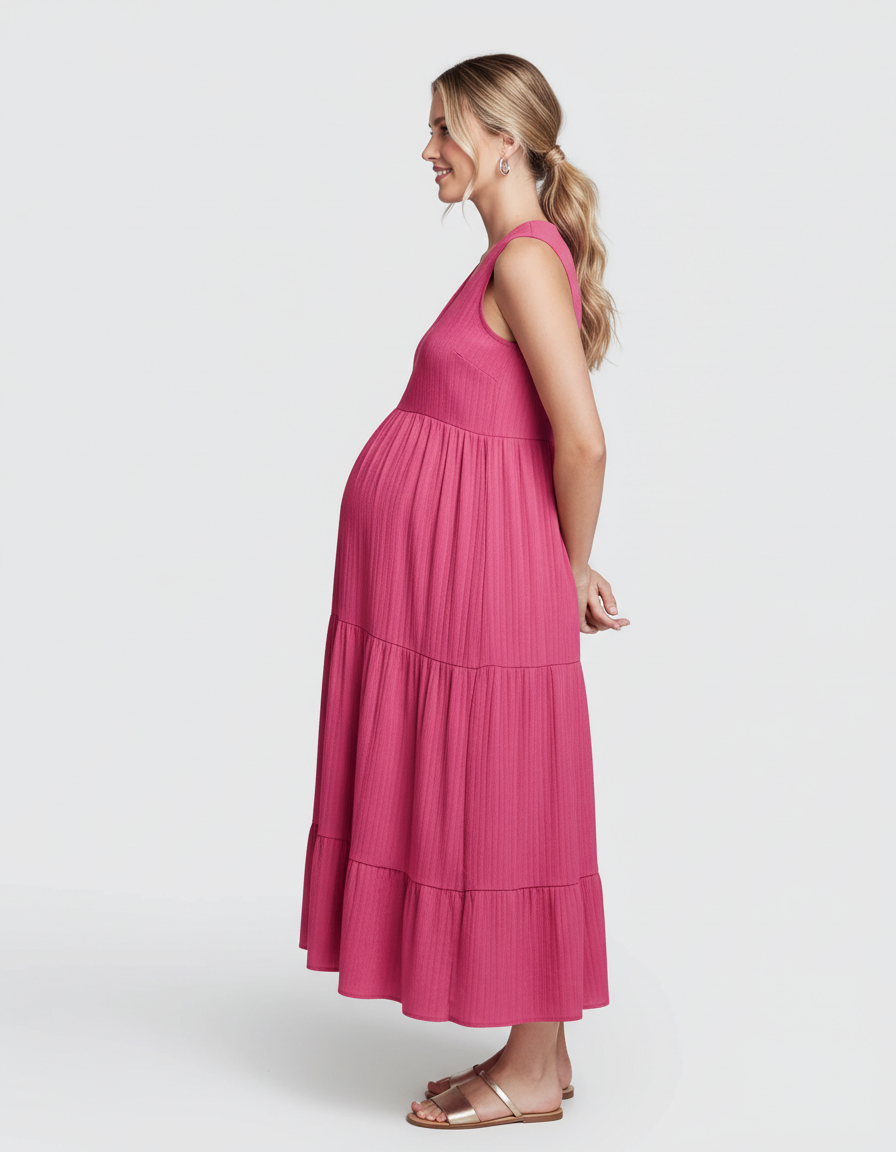 Bump Society – The Comfort Collection: Button-Front Detail Tiered Maternity Midi Dress-Bump Society