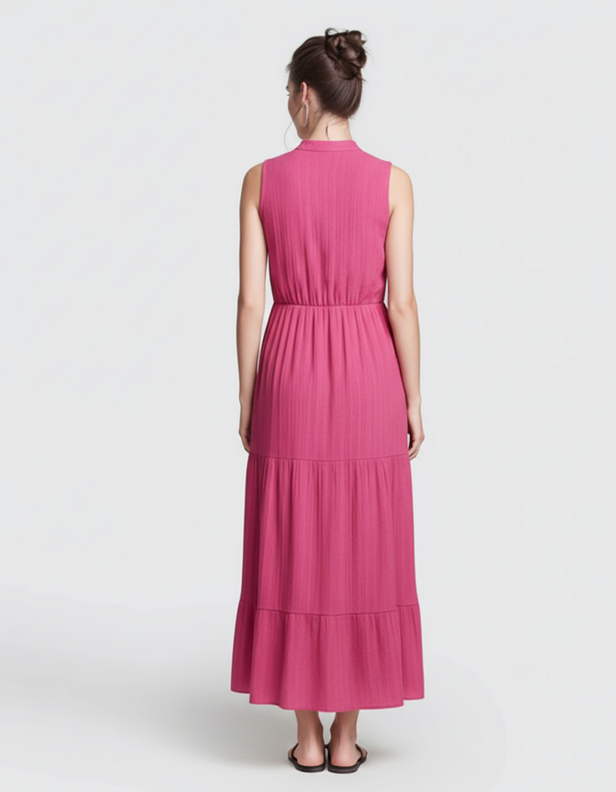 Bump Society – The Comfort Collection: Button-Front Detail Tiered Maternity Midi Dress-Bump Society