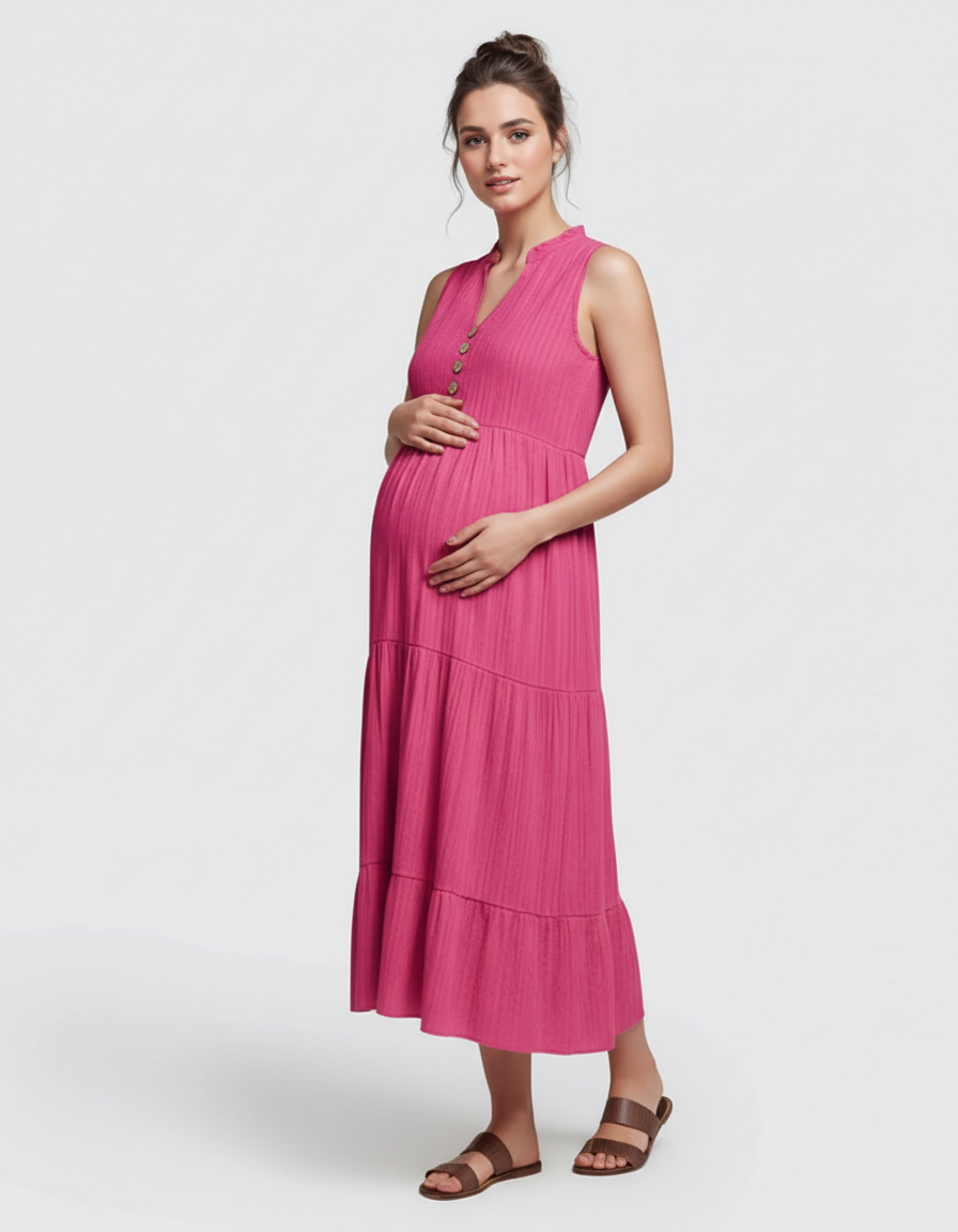 Bump Society – The Comfort Collection: Button-Front Detail Tiered Maternity Midi Dress-Bump Society