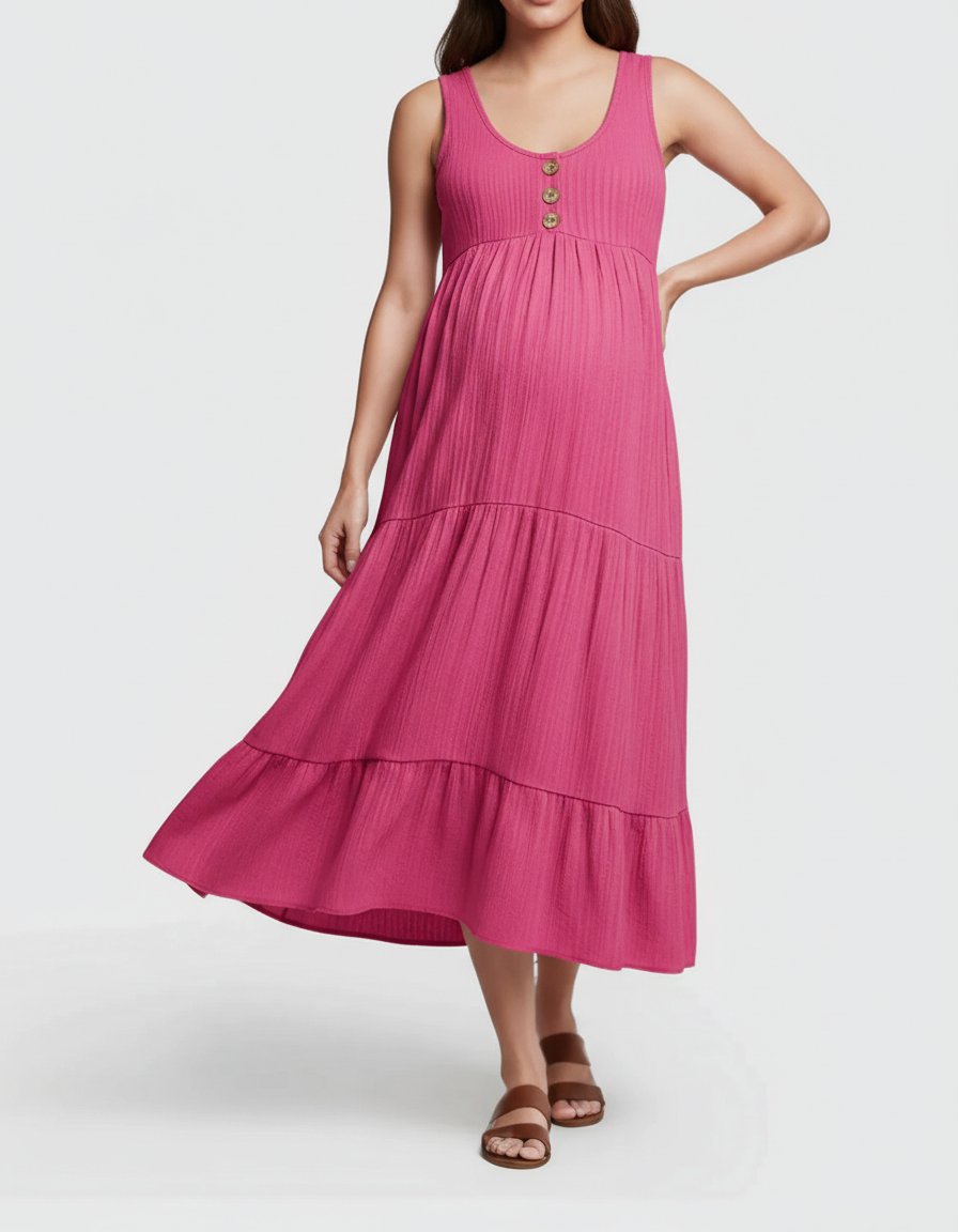 Bump Society – The Comfort Collection: Button-Front Detail Tiered Maternity Midi Dress-Bump Society