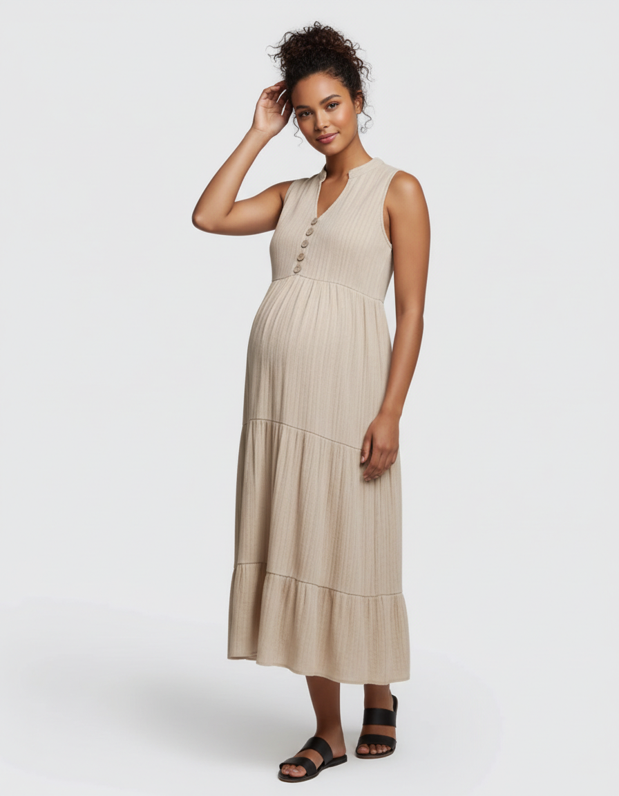 Bump Society – The Comfort Collection: Button-Front Detail Tiered Maternity Midi Dress-Bump Society
