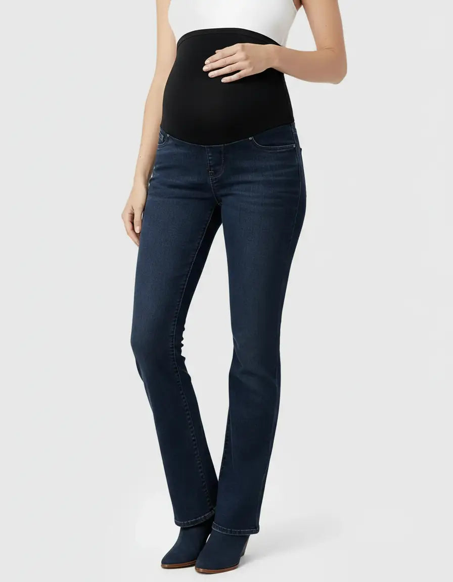 Dark wash maternity jeans with a black over-belly panel and subtle flared leg.
