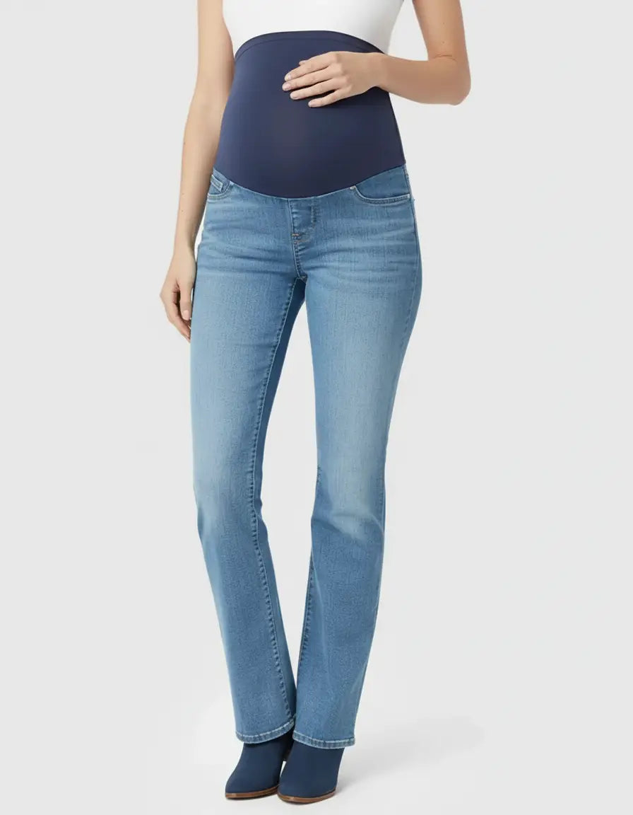 Light wash, classic high-waist flared-leg maternity jeans with a navy over-belly panel.