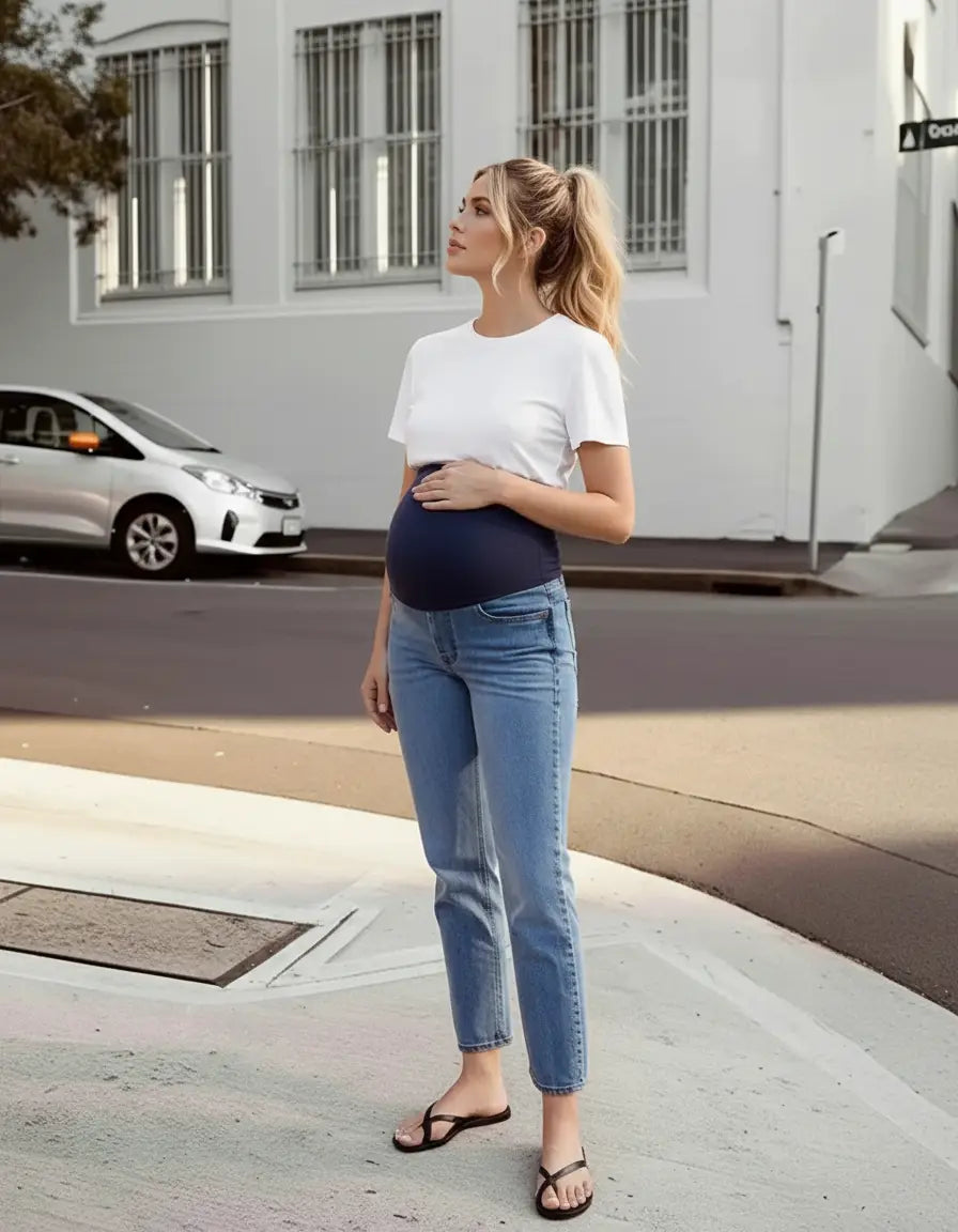 Blonde pregnant woman wearing light wash, high-waist flared-leg maternity jeans with a navy over-belly panel.