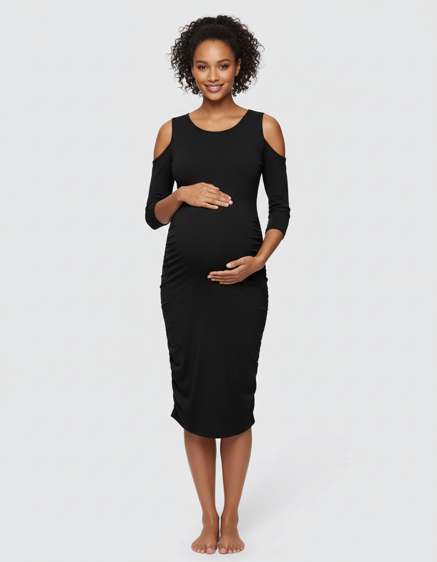 Bump Society – The Comfort Collection: Cold Shoulder Ruched Bodycon Maternity Dress-Bump Society
