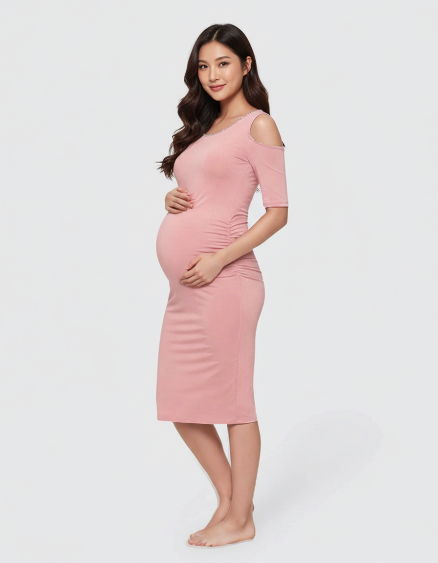 Bump Society – The Comfort Collection: Cold Shoulder Ruched Bodycon Maternity Dress-Bump Society