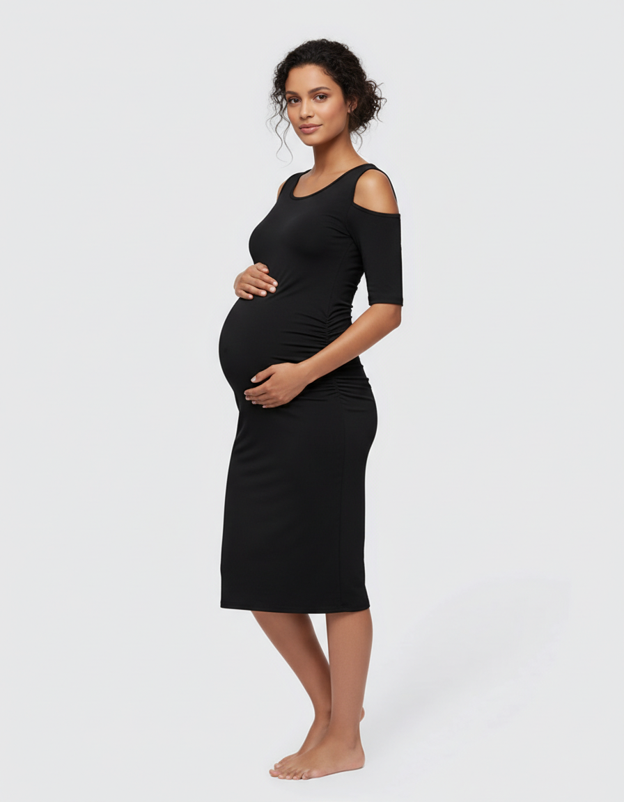 Bump Society – The Comfort Collection: Cold Shoulder Ruched Bodycon Maternity Dress-Bump Society