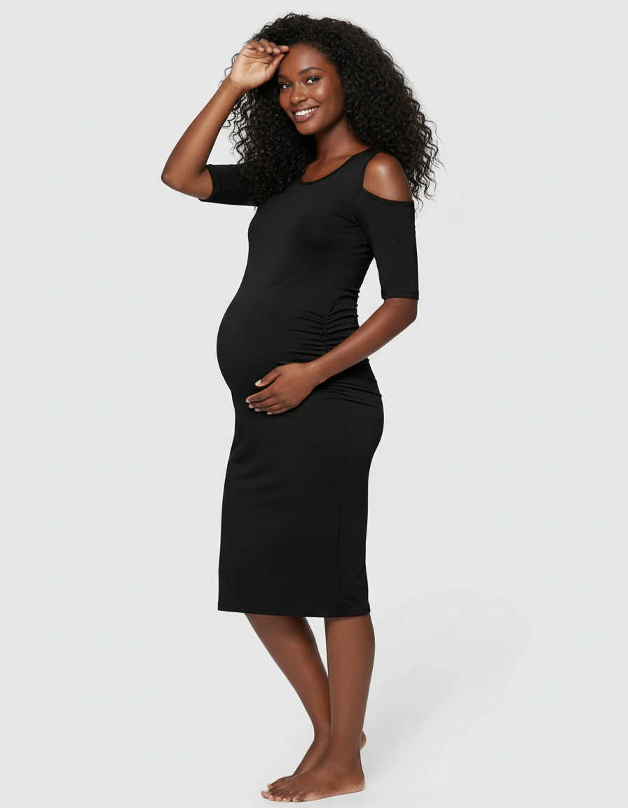 Bump Society – The Comfort Collection: Cold Shoulder Ruched Bodycon Maternity Dress-Bump Society
