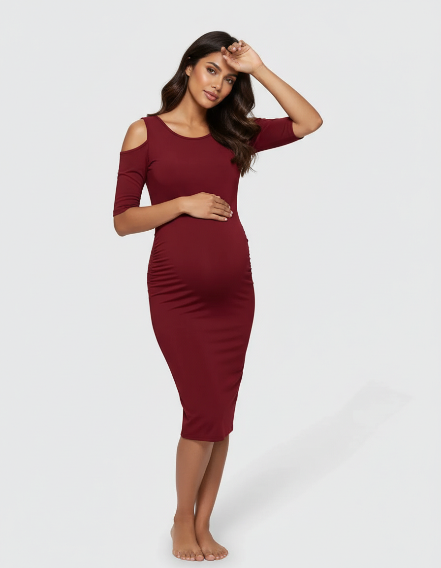 Bump Society – The Comfort Collection: Cold Shoulder Ruched Bodycon Maternity Dress-Bump Society