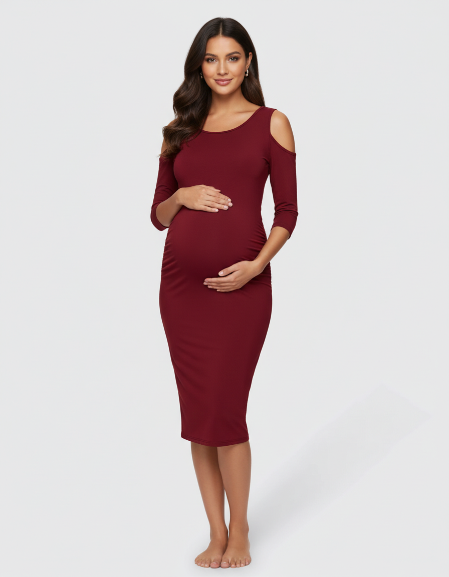 Bump Society – The Comfort Collection: Cold Shoulder Ruched Bodycon Maternity Dress-Bump Society