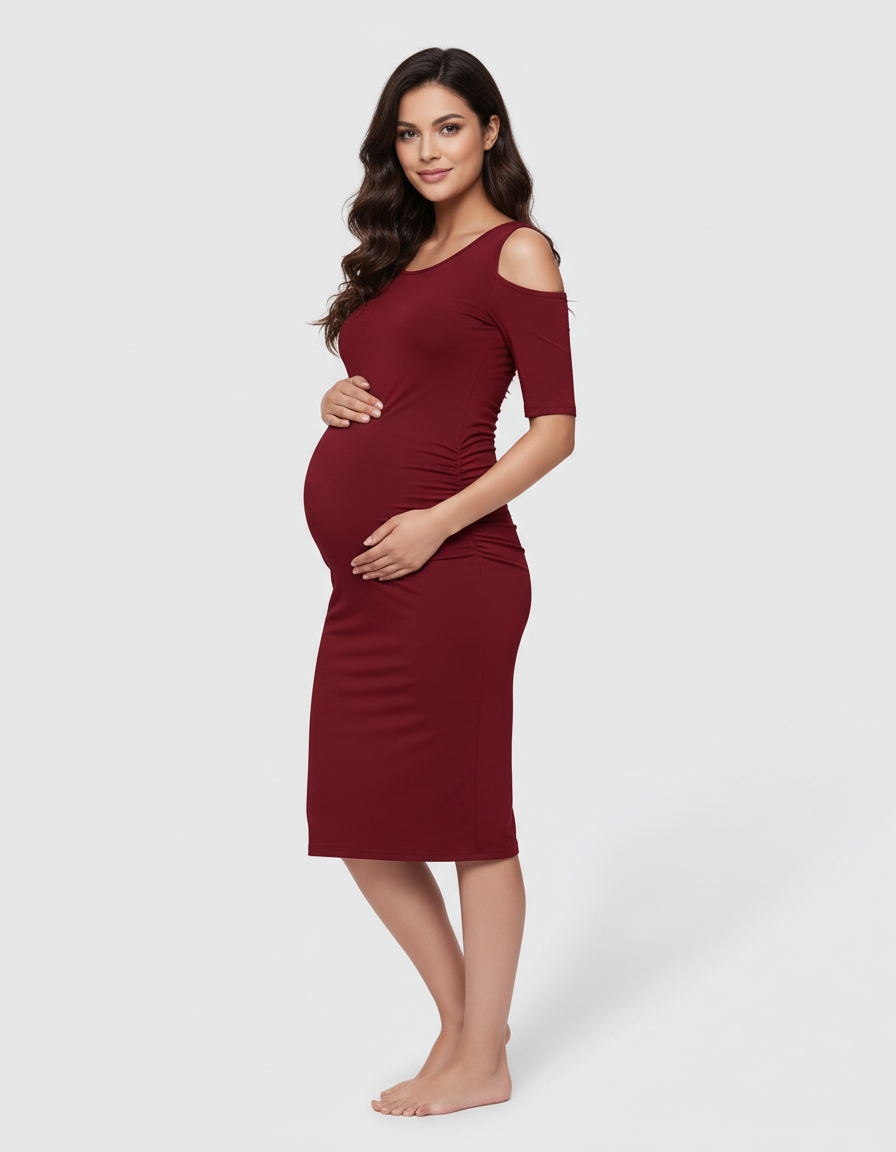 Bump Society – The Comfort Collection: Cold Shoulder Ruched Bodycon Maternity Dress-Bump Society