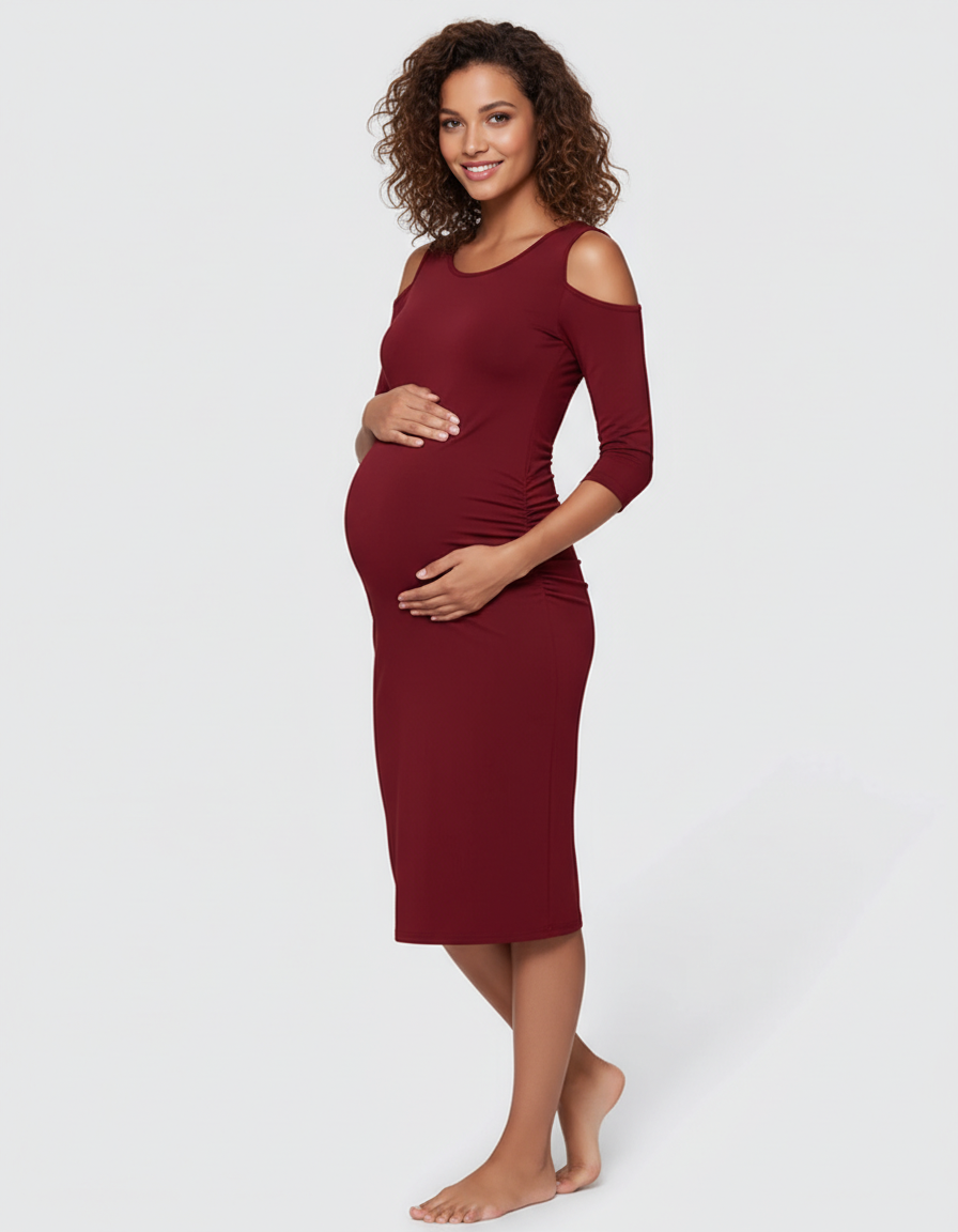 Bump Society – The Comfort Collection: Cold Shoulder Ruched Bodycon Maternity Dress-Bump Society