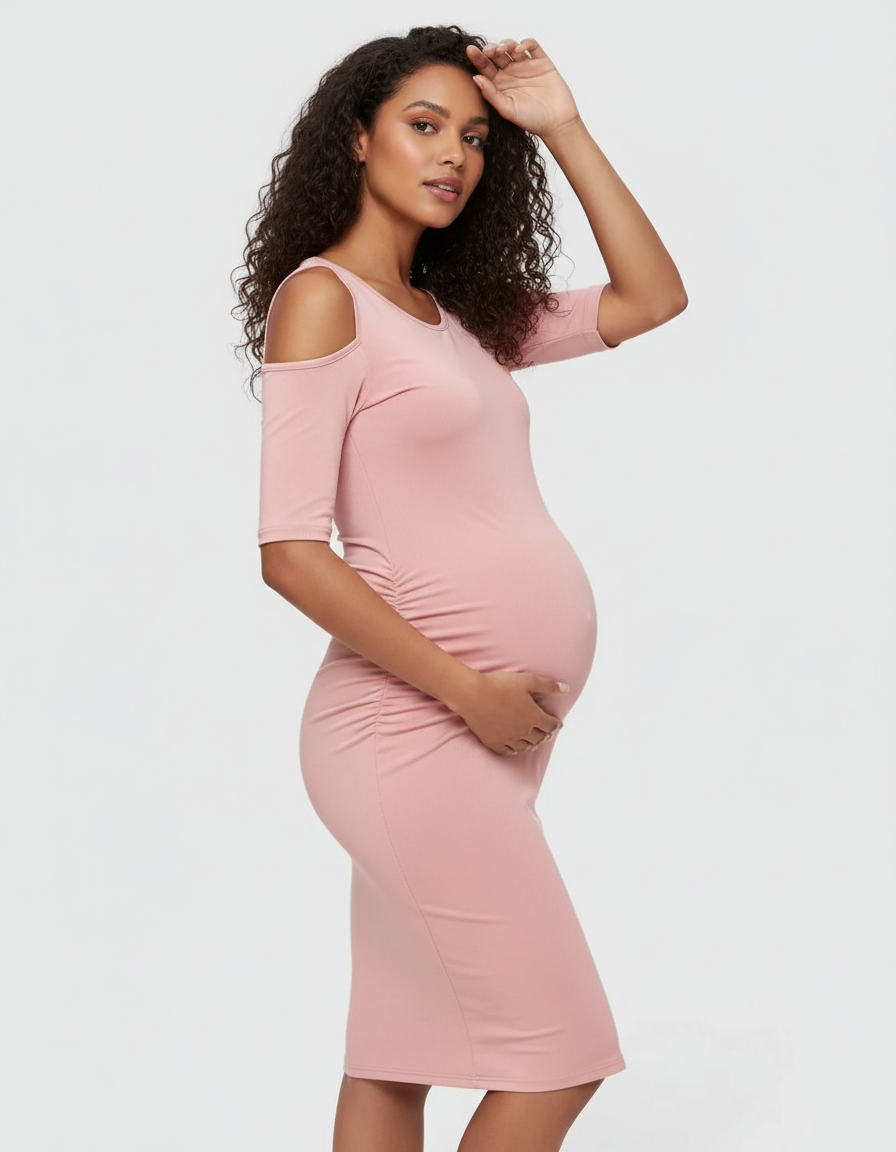 Bump Society – The Comfort Collection: Cold Shoulder Ruched Bodycon Maternity Dress-Bump Society
