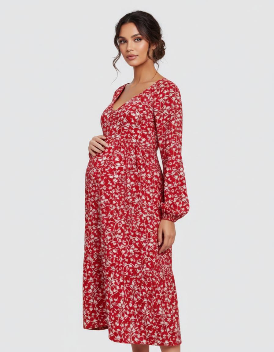 Bump Society – The Comfort Collection: Deep V-Neck Floral Maternity Midi Dress-Bump Society