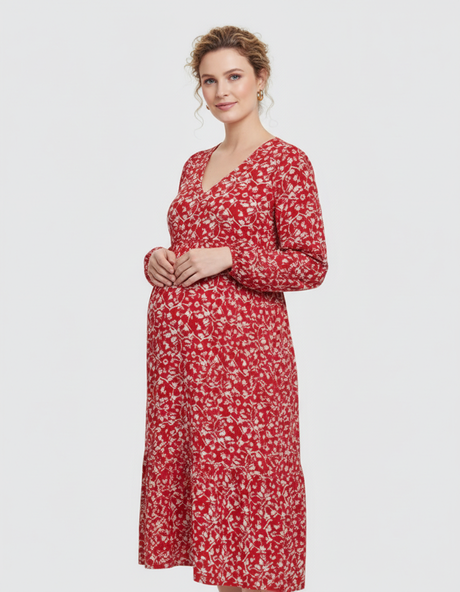 Bump Society – The Comfort Collection: Deep V-Neck Floral Maternity Midi Dress-Bump Society
