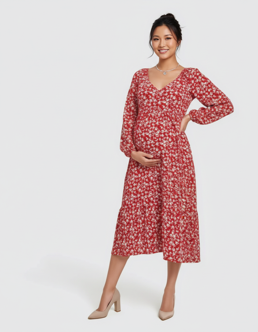 Bump Society – The Comfort Collection: Deep V-Neck Floral Maternity Midi Dress-Bump Society