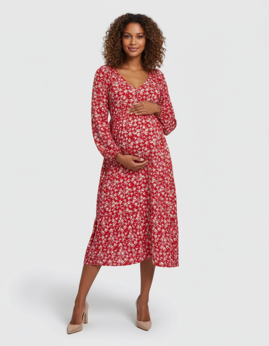 Bump Society – The Comfort Collection: Deep V-Neck Floral Maternity Midi Dress-Bump Society