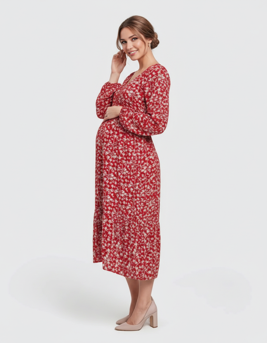 Bump Society – The Comfort Collection: Deep V-Neck Floral Maternity Midi Dress-Bump Society