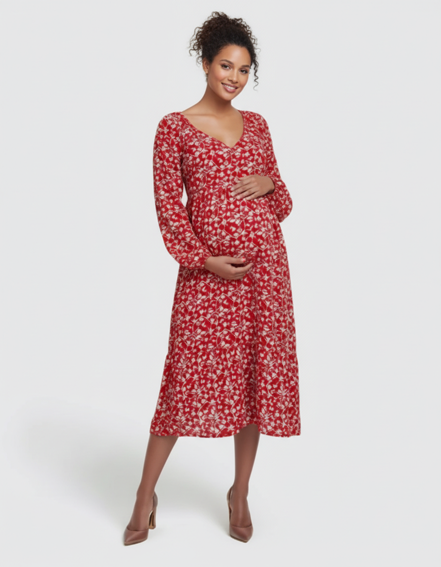 Bump Society – The Comfort Collection: Deep V-Neck Floral Maternity Midi Dress-Bump Society