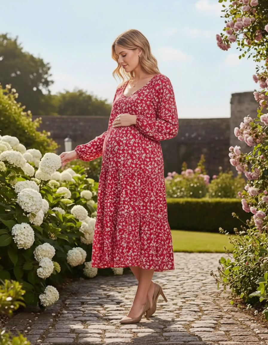 Bump Society – The Comfort Collection: Deep V-Neck Floral Maternity Midi Dress-Bump Society