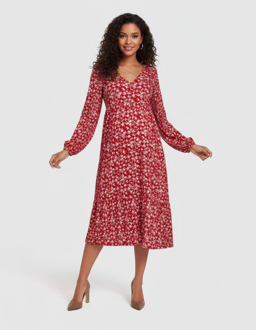 Bump Society – The Comfort Collection: Deep V-Neck Floral Maternity Midi Dress-Bump Society