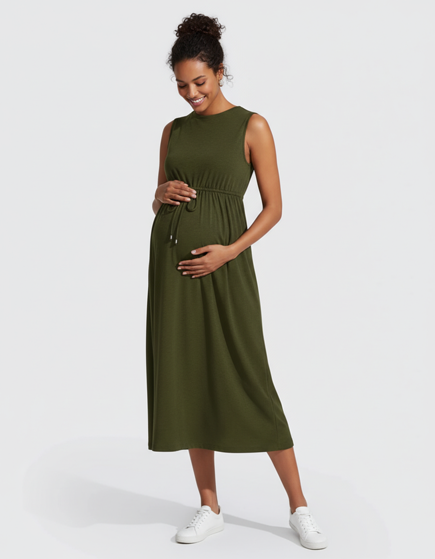 Bump Society – The Comfort Collection: Drawstring Waist Sleeveless Maternity Midi Dress-Bump Society