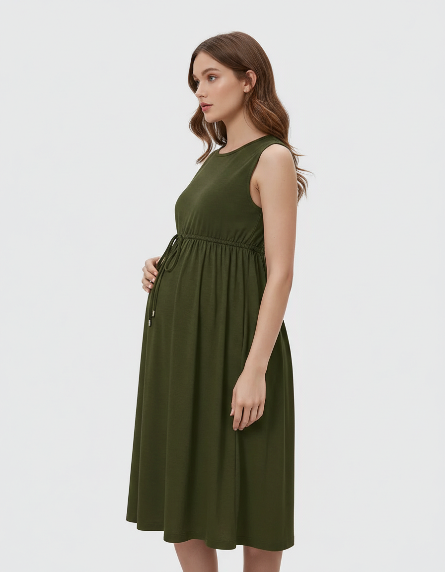 Bump Society – The Comfort Collection: Drawstring Waist Sleeveless Maternity Midi Dress-Bump Society