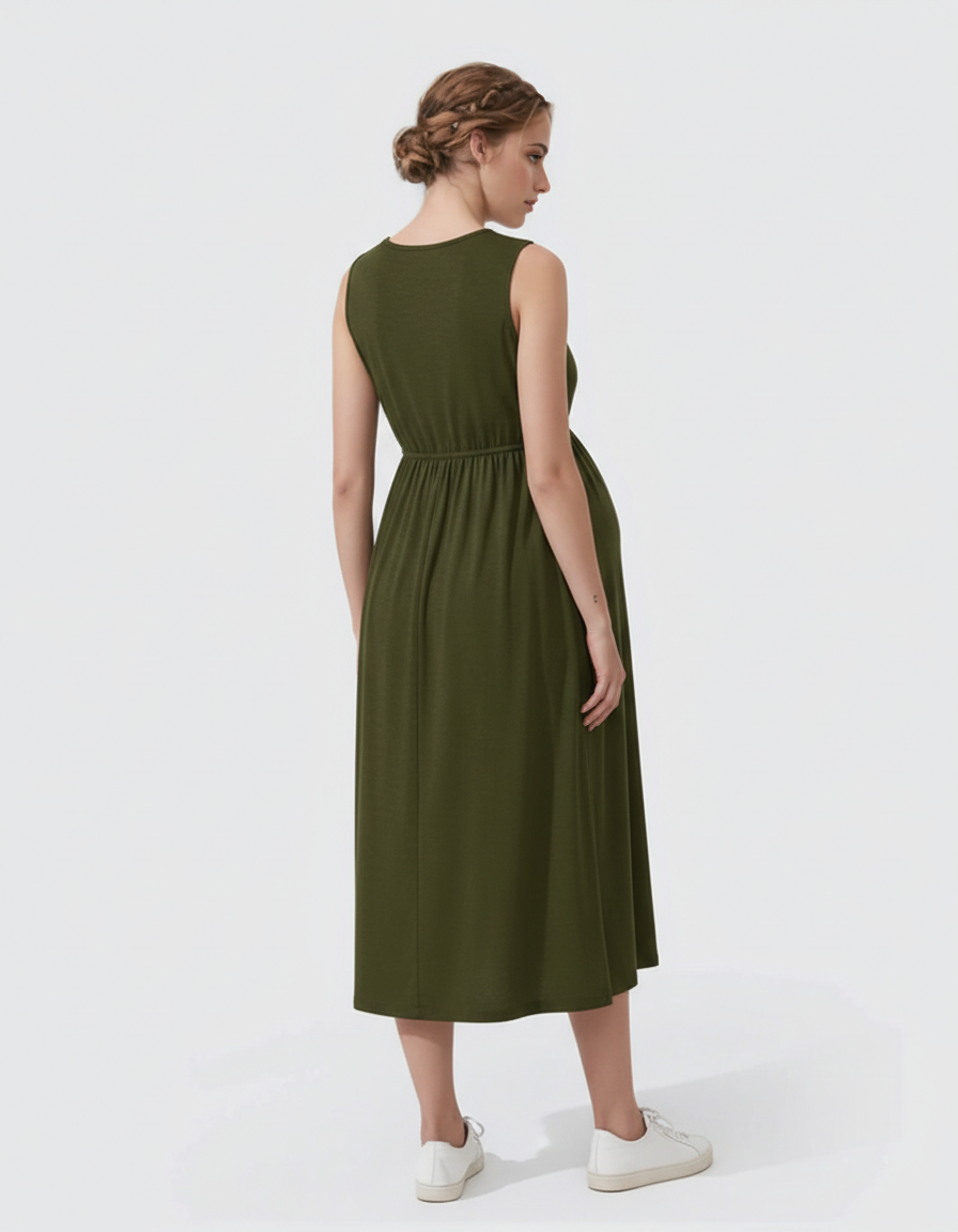 Bump Society – The Comfort Collection: Drawstring Waist Sleeveless Maternity Midi Dress-Bump Society