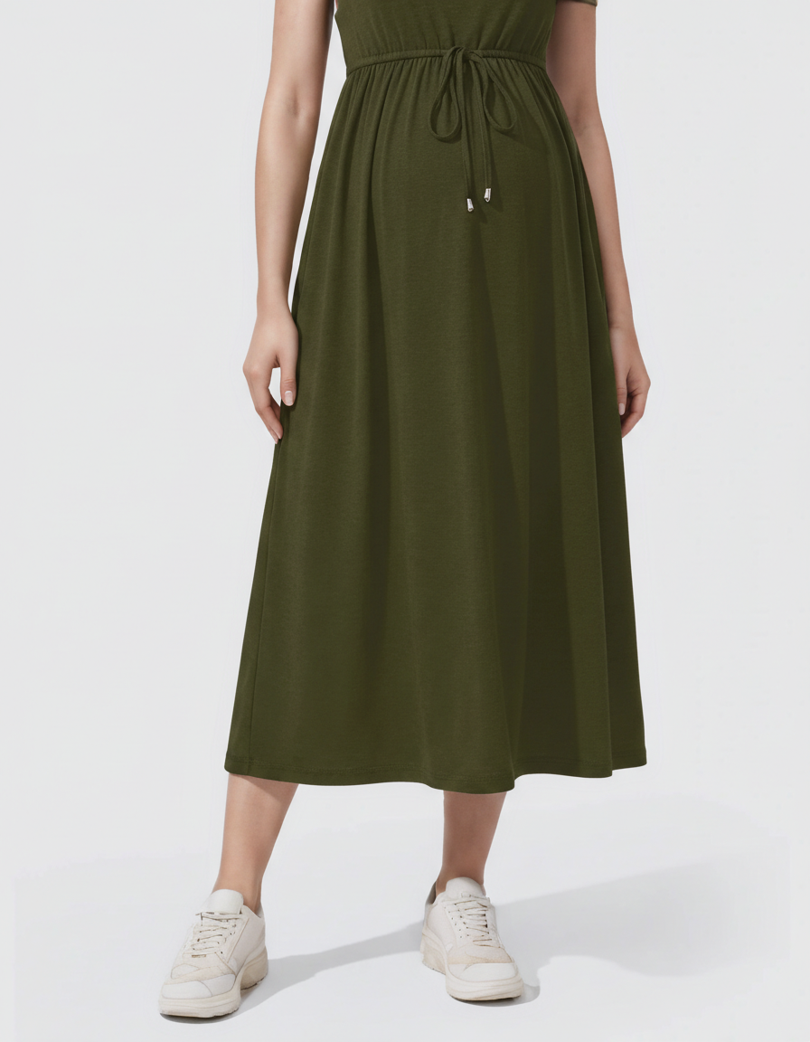 Bump Society – The Comfort Collection: Drawstring Waist Sleeveless Maternity Midi Dress-Bump Society