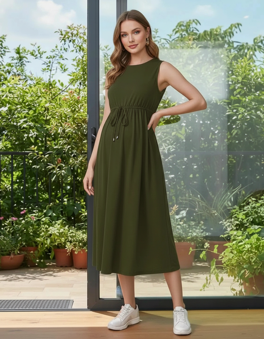 Bump Society – The Comfort Collection: Drawstring Waist Sleeveless Maternity Midi Dress-Bump Society