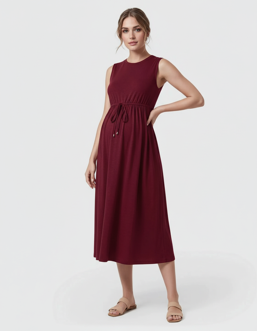 Bump Society – The Comfort Collection: Drawstring Waist Sleeveless Maternity Midi Dress-Bump Society