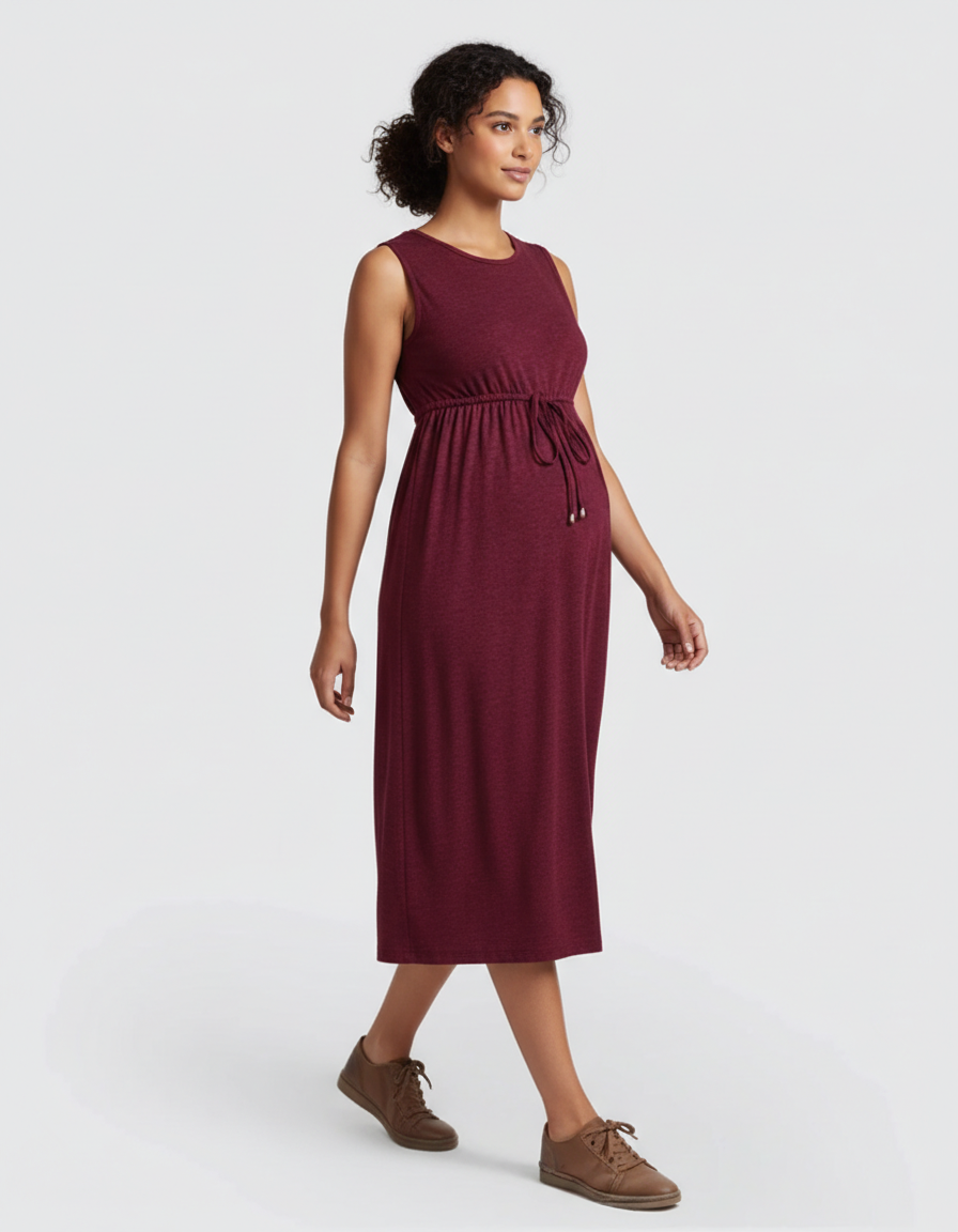 Bump Society – The Comfort Collection: Drawstring Waist Sleeveless Maternity Midi Dress-Bump Society