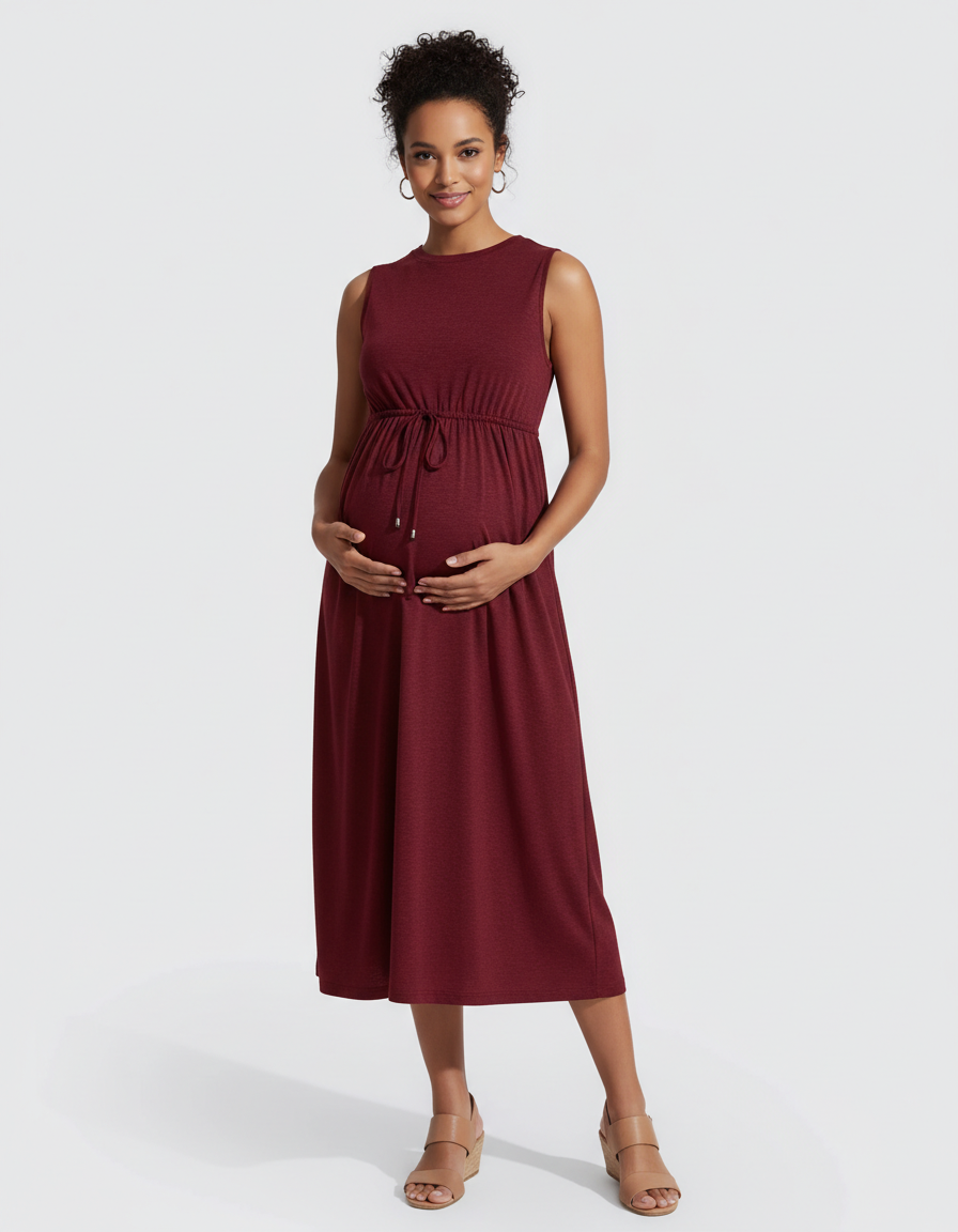 Bump Society – The Comfort Collection: Drawstring Waist Sleeveless Maternity Midi Dress-Bump Society