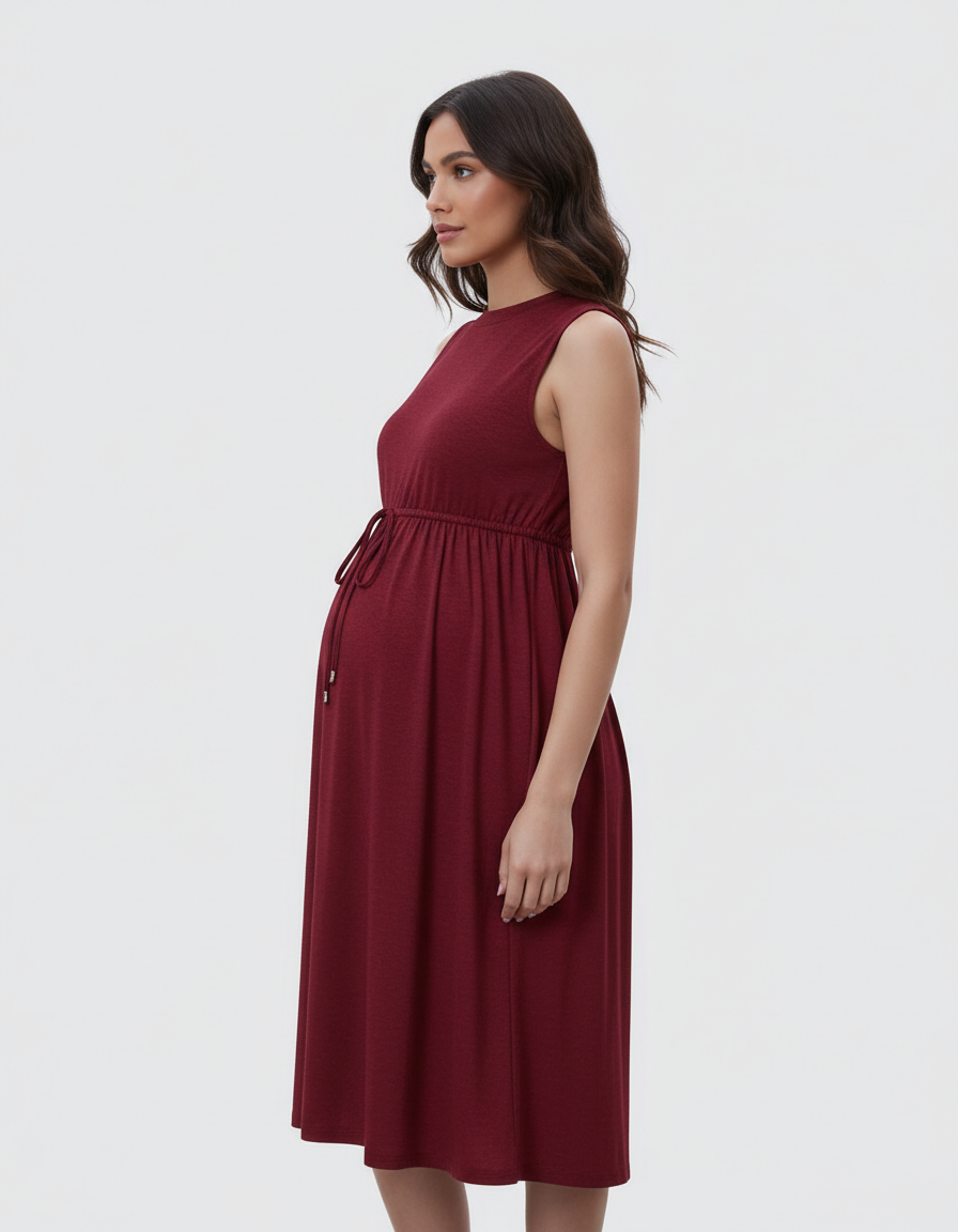 Bump Society – The Comfort Collection: Drawstring Waist Sleeveless Maternity Midi Dress-Bump Society
