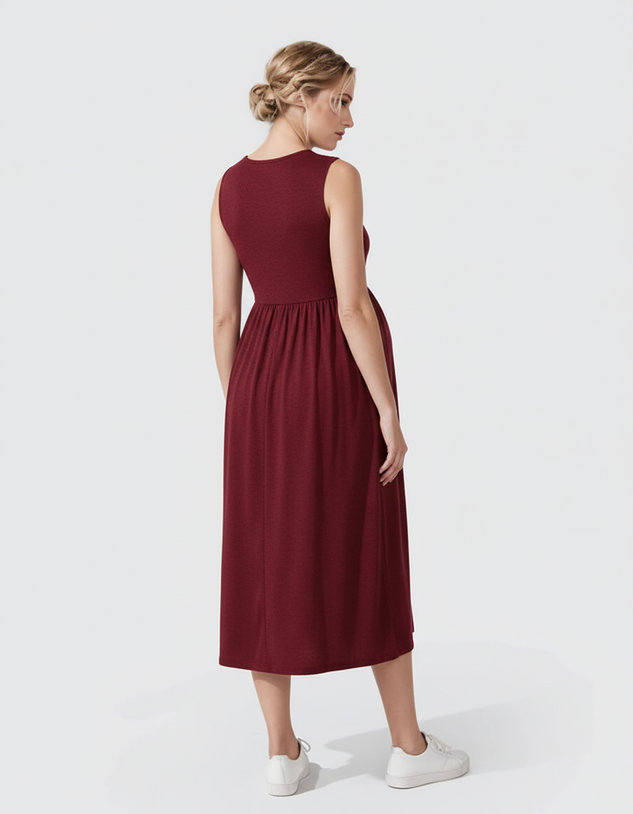 Bump Society – The Comfort Collection: Drawstring Waist Sleeveless Maternity Midi Dress-Bump Society