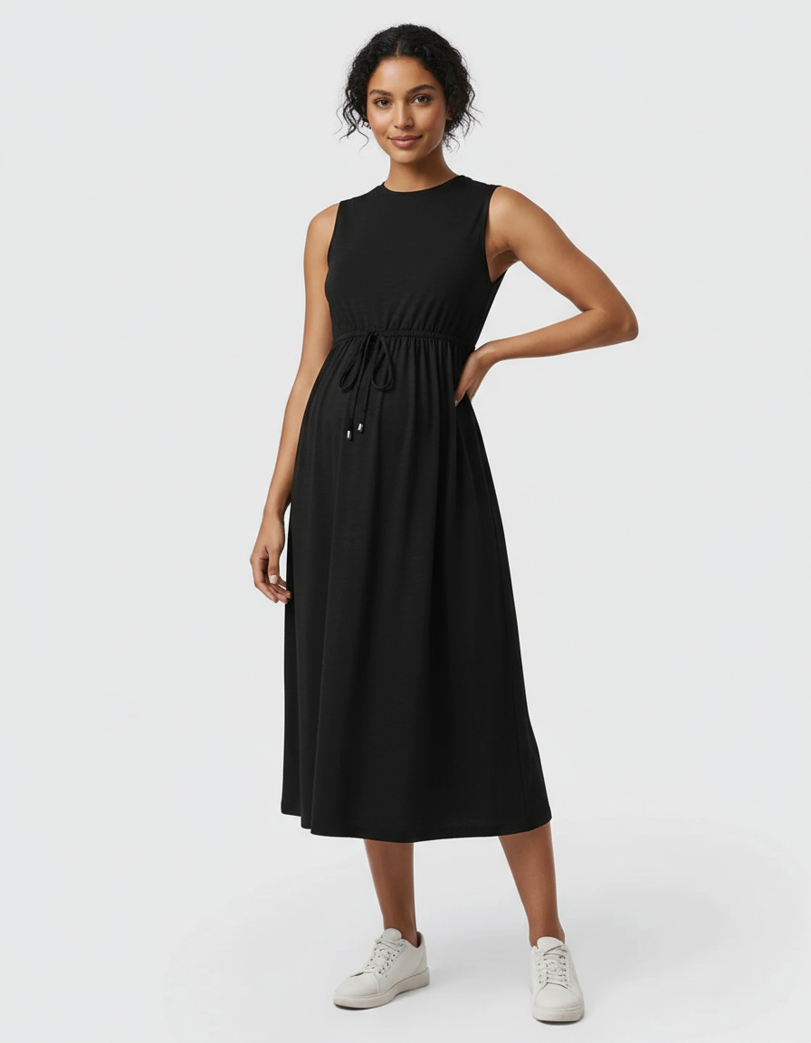 Bump Society – The Comfort Collection: Drawstring Waist Sleeveless Maternity Midi Dress-Bump Society