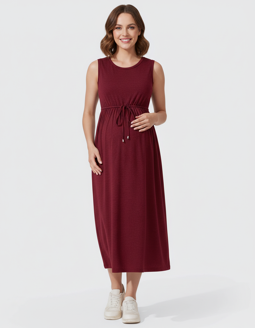 Bump Society – The Comfort Collection: Drawstring Waist Sleeveless Maternity Midi Dress-Bump Society