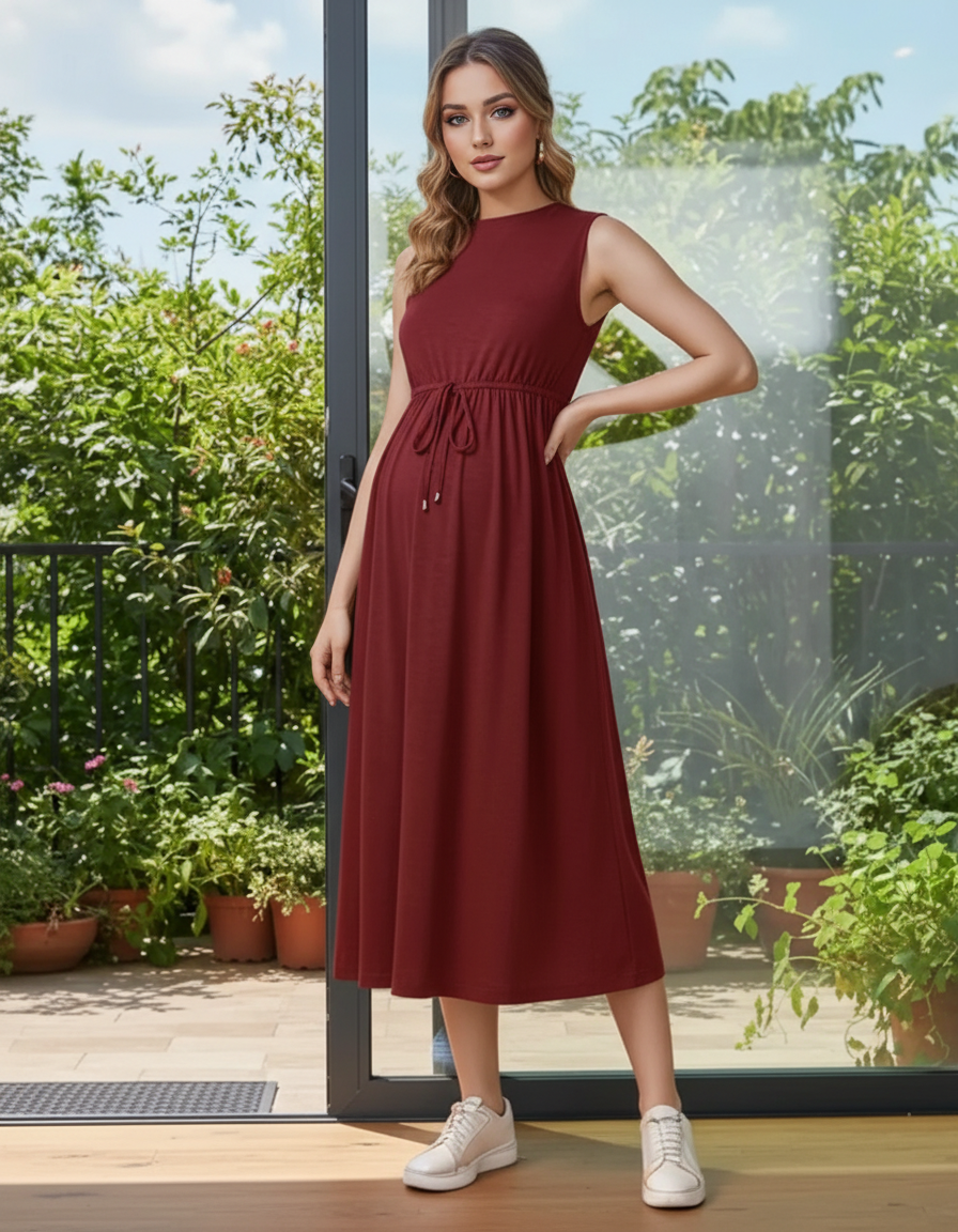 Bump Society – The Comfort Collection: Drawstring Waist Sleeveless Maternity Midi Dress-Bump Society