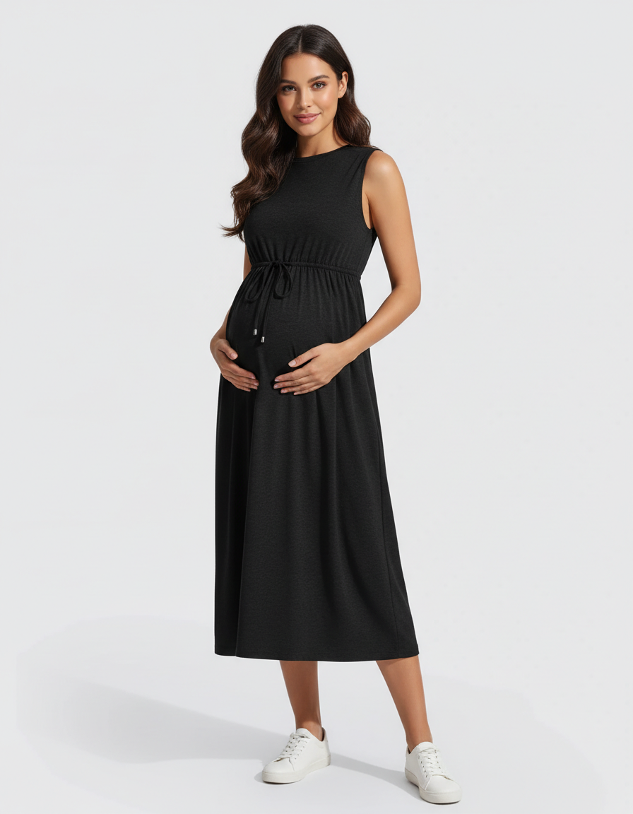 Bump Society – The Comfort Collection: Drawstring Waist Sleeveless Maternity Midi Dress-Bump Society
