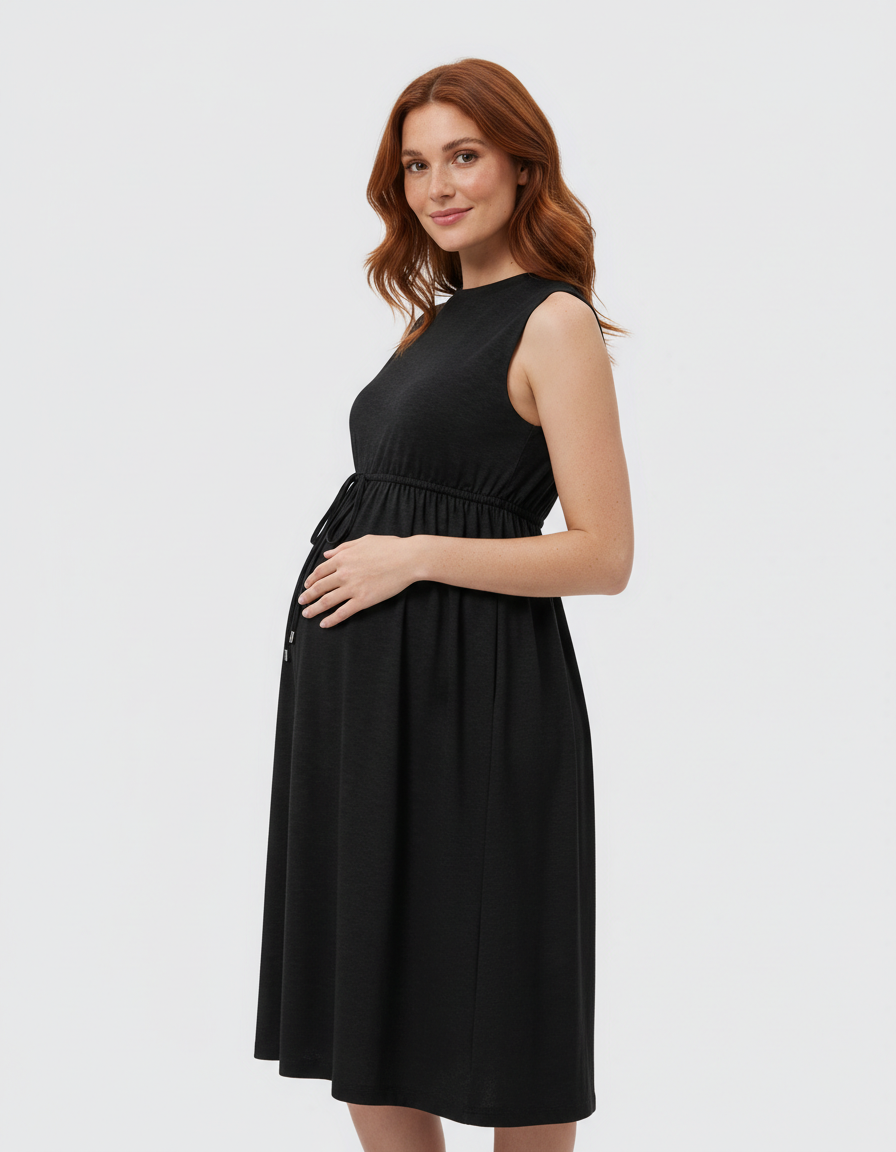 Bump Society – The Comfort Collection: Drawstring Waist Sleeveless Maternity Midi Dress-Bump Society