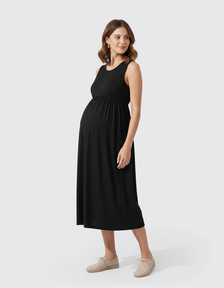 Bump Society – The Comfort Collection: Drawstring Waist Sleeveless Maternity Midi Dress-Bump Society