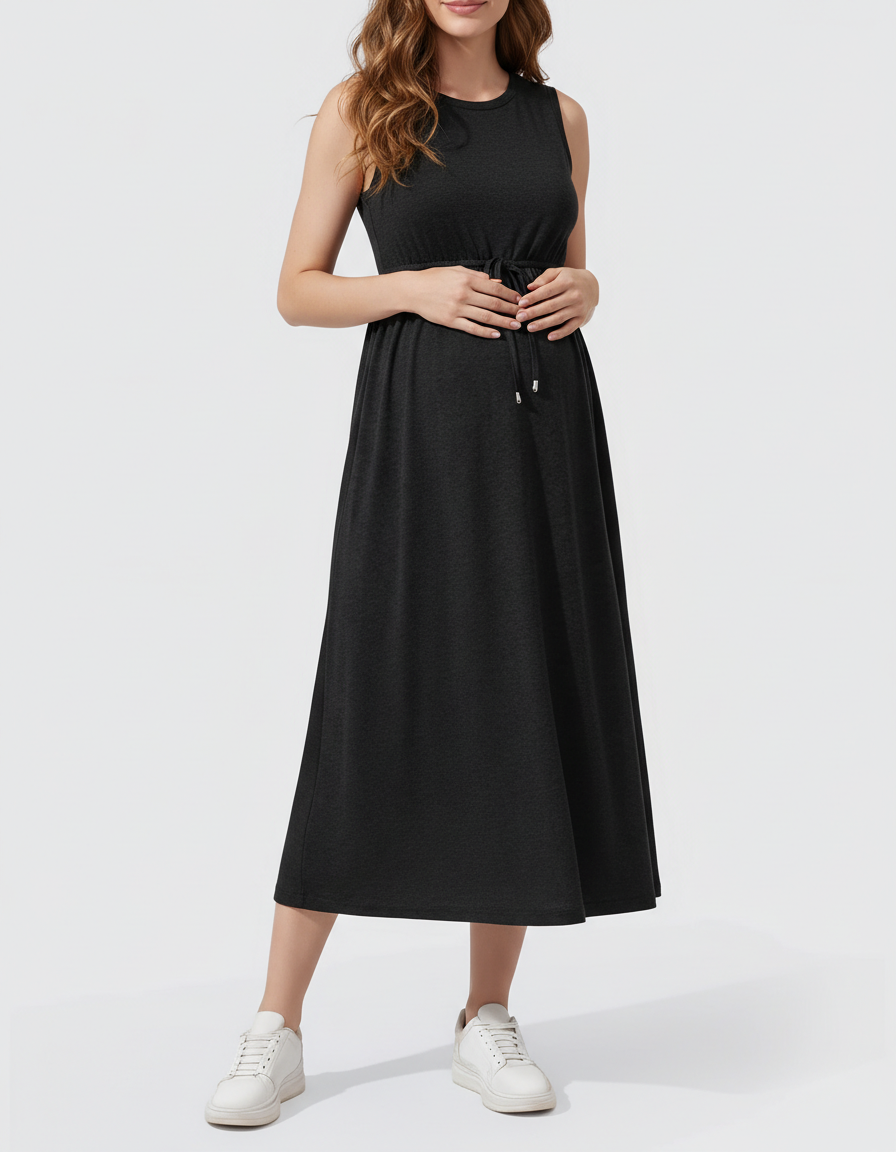 Bump Society – The Comfort Collection: Drawstring Waist Sleeveless Maternity Midi Dress-Bump Society