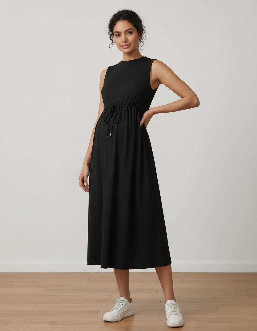 Bump Society – The Comfort Collection: Drawstring Waist Sleeveless Maternity Midi Dress-Bump Society