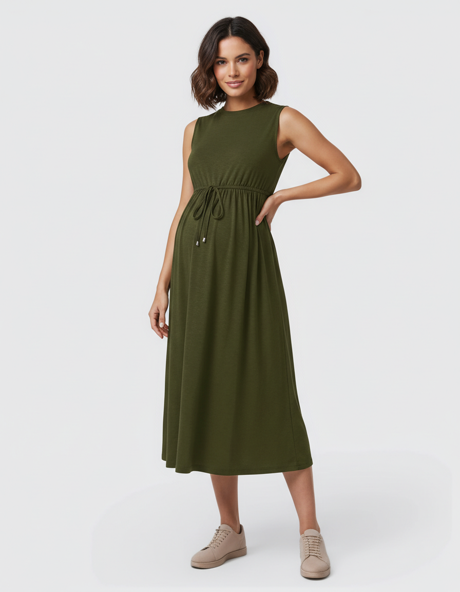 Bump Society – The Comfort Collection: Drawstring Waist Sleeveless Maternity Midi Dress-Bump Society