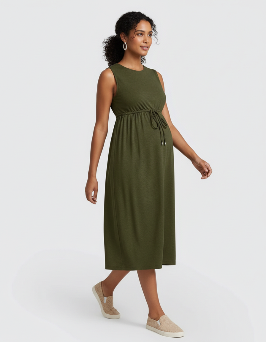 Bump Society – The Comfort Collection: Drawstring Waist Sleeveless Maternity Midi Dress-Bump Society